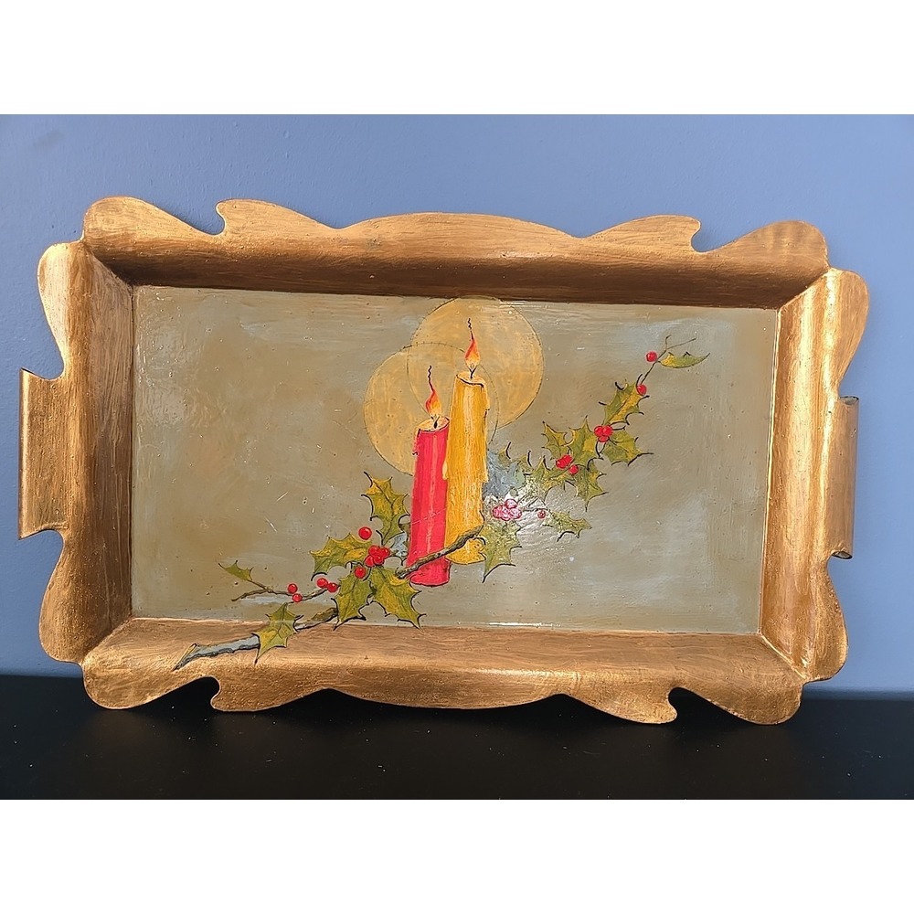 Vintage Gold Metal Handpainted Christmas Tray Lit Candles And Berries 1960